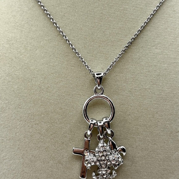 Silver Charm Necklace with Cross and Fleur-de-lis with Rhinestones Necklace - Picture 6 of 14